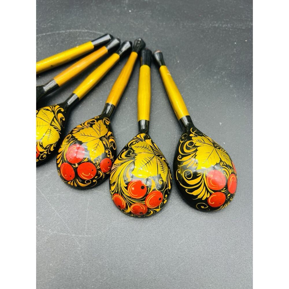 Khokhloma Russian Folk Art Hand Painted Spoons Red Gold Black Set Of 6 - Picture 3 of 7